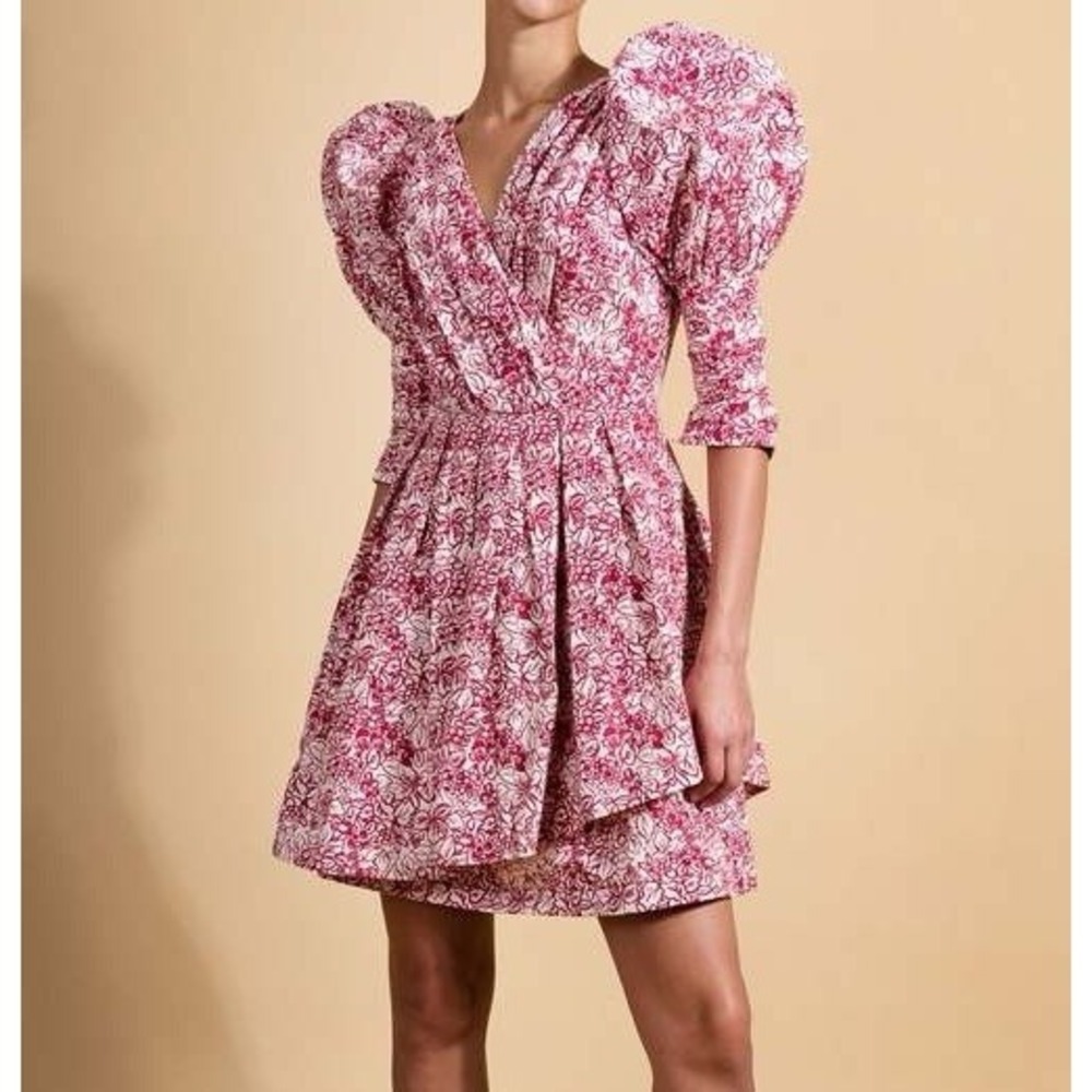 BATSHEVA Izra Dress NWT Size 2 Red White Floral Berry Cotton Puff Sleeve Pleated